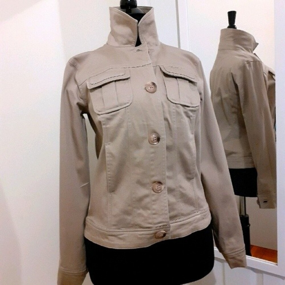 Dennis by Dennis Basso Cotton Blend Tan Khaki Button Denim Women'sJacket Size XS